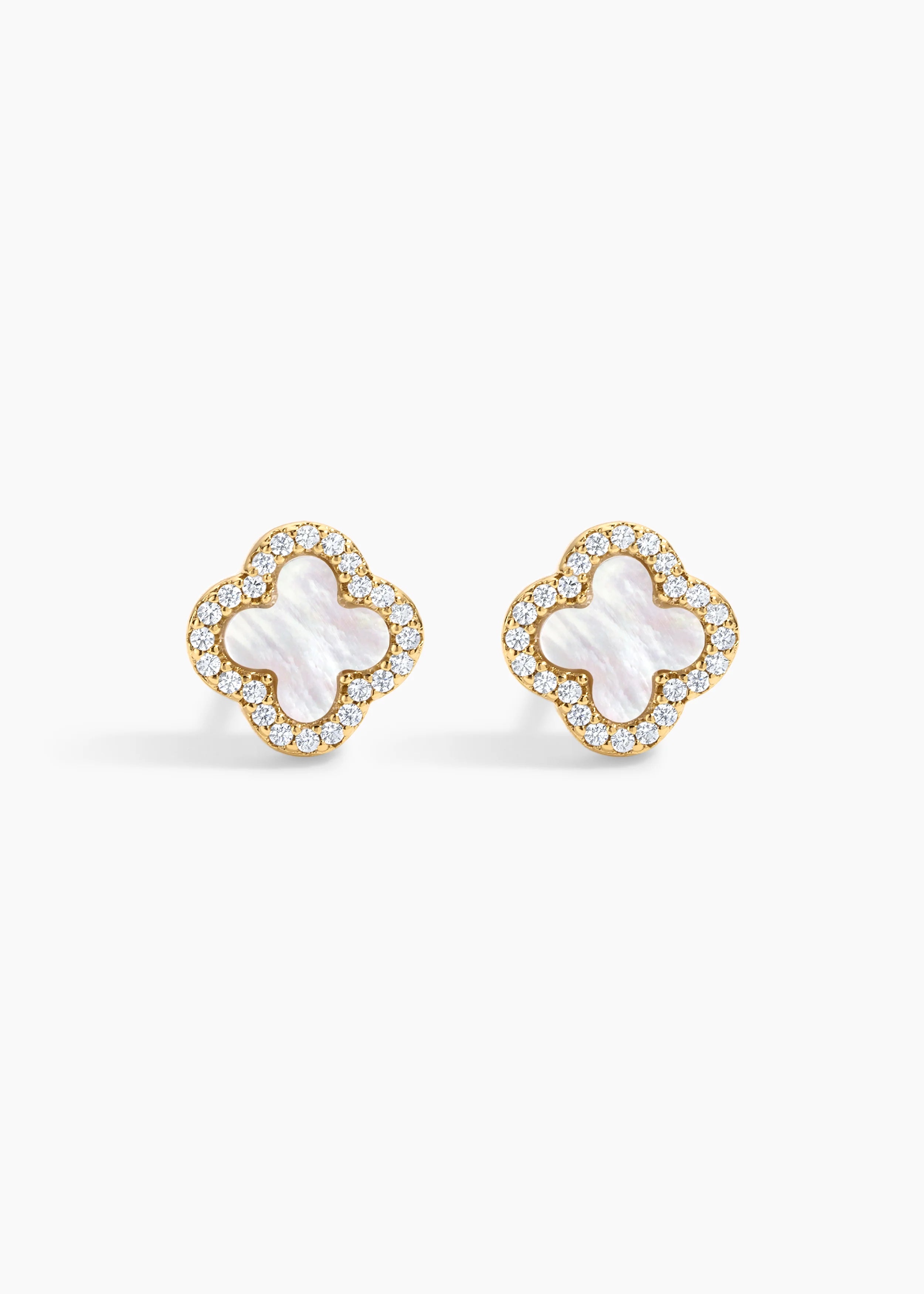 Zivarri Jewels Icon White Studs - gold plated pearl and crystal clover stud earrings