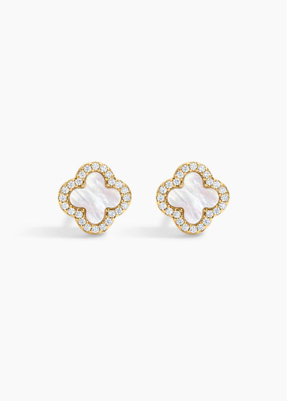 Zivarri Jewels Icon White Studs - gold plated pearl and crystal clover stud earrings