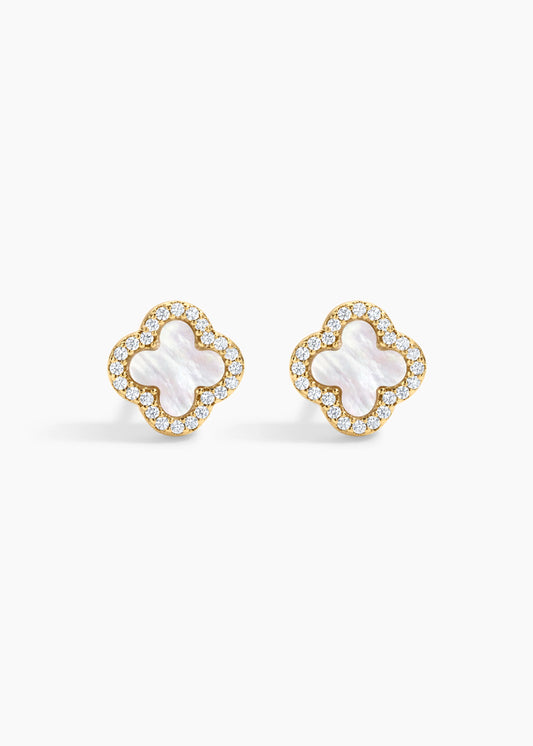 Zivarri Jewels Icon White Studs - gold plated pearl and crystal clover stud earrings