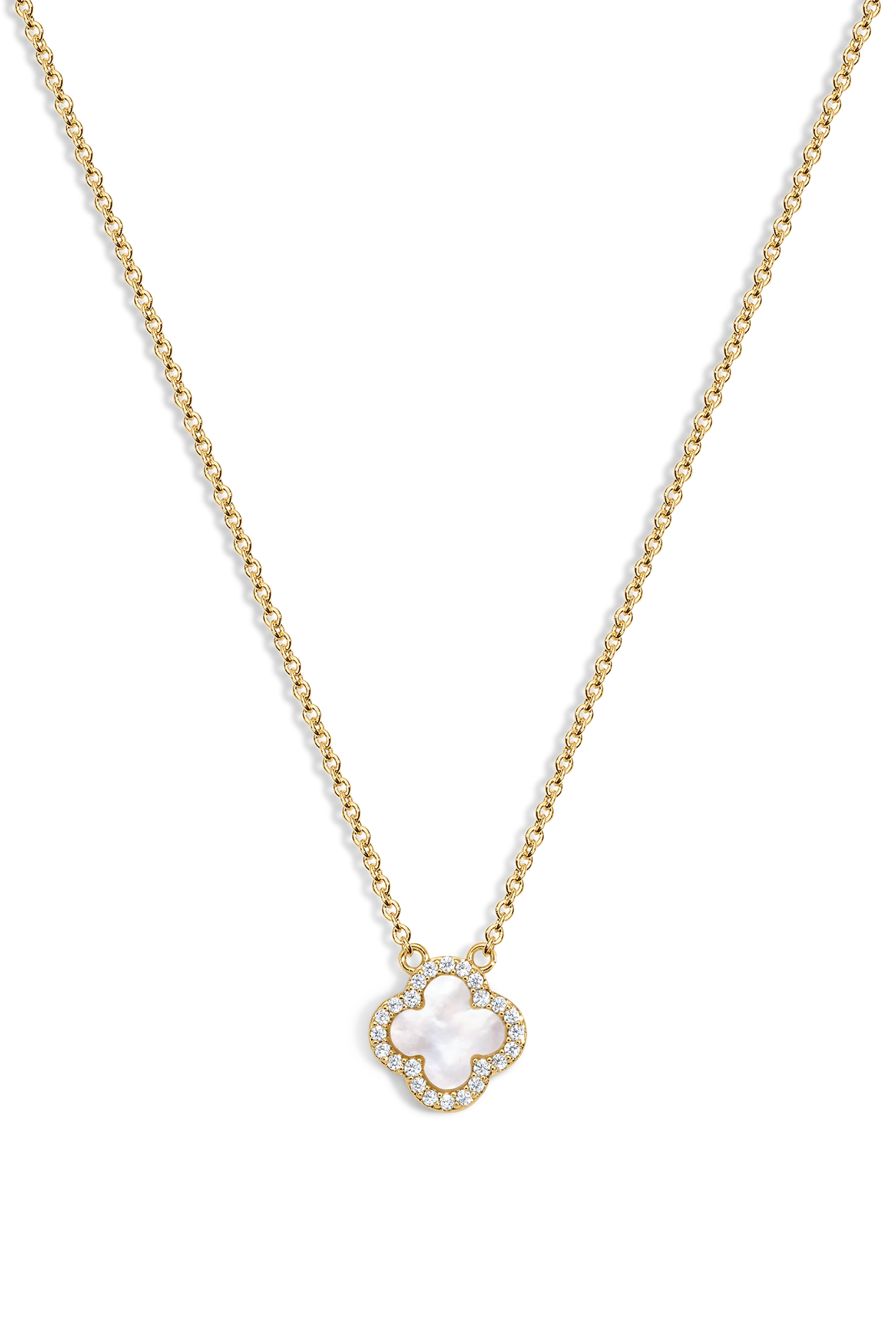 Zivarri Jewels Mini Icon White Necklace with mother of pearl clover and crystal pendant on gold chain