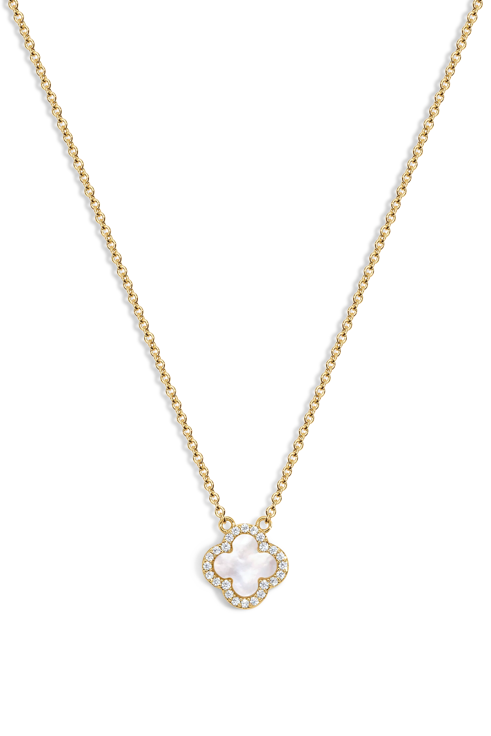 Zivarri Jewels Mini Icon White Necklace with mother of pearl clover and crystal pendant on gold chain