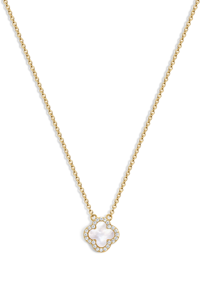 Zivarri Jewels Mini Icon White Necklace with mother of pearl clover and crystal pendant on gold chain