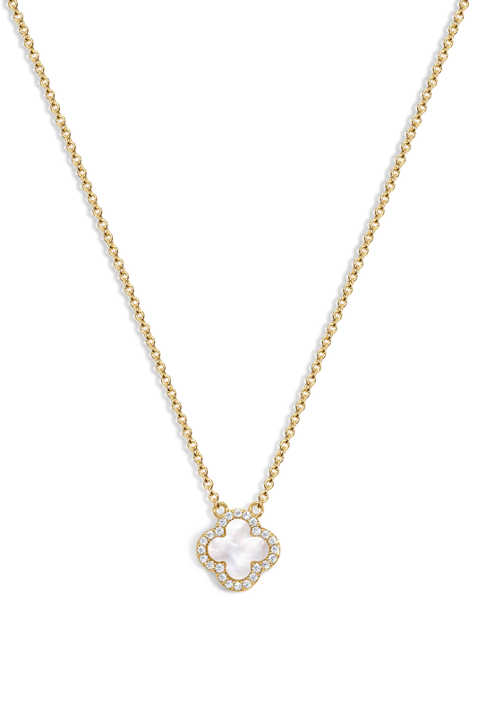 Zivarri Jewels Mini Icon White Necklace with mother of pearl clover and crystal pendant on gold chain